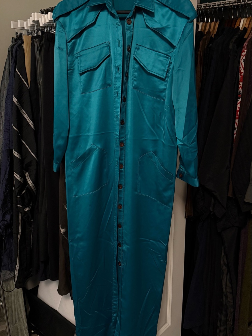 Prada Teal Satin Long Button-Front Coat